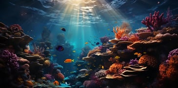 a coral reef with fish and sunlight