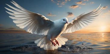 a white dove flying over water