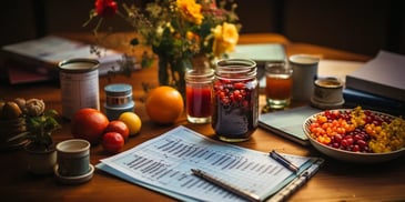 a jar of fruit and a paper on a table