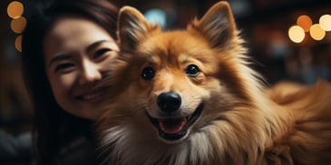 a person smiling with a dog