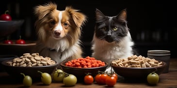 a dogs and a cat sitting next to bowls of food