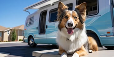 a dog sitting on a table in front of a camper