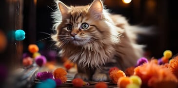 a cat sitting on a floor with colorful balls