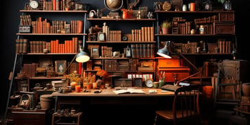 a desk with books and a clock