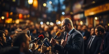 a group of people talking into microphones
