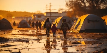 a group of kids walking in mud near tents