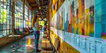 Colorful charts and graphs on a wall in a modern office.