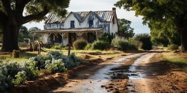 a dirty road with a house