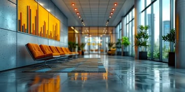 Modern office lobby with orange seating.