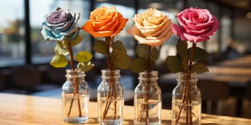 a group of colorful roses in glass jars