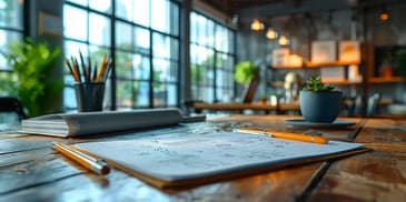 Wooden table with architectural sketches, a yellow pencil, and potted plant.