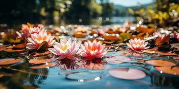 a group of pink flowers on water