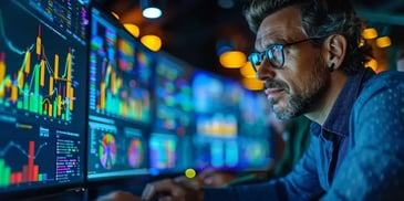 A focused man with glasses analyzing multiple financial charts.