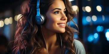 a woman smiling wearing headphones