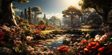 a pond with flowers and trees
