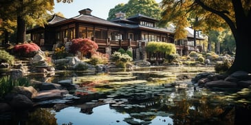 a house with a pond in the background with Yu Garden in the background