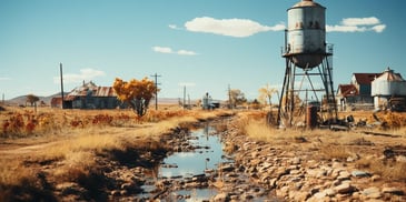 a stream of water with a water tower in the background