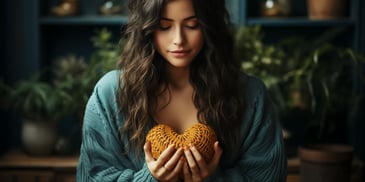 a person holding a knitted heart