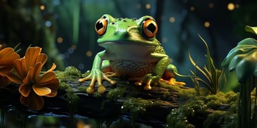 a green frog on a mossy branch