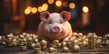 a pig sitting on a pile of coins
