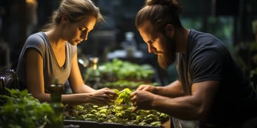 a person and person looking at plants