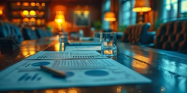 Conference table with financial reports, a pen, and glasses of water, in a warmly lit boardroom with plush chairs and large windows.