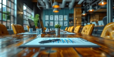 Conference table with documents, pens, and a small potted plant, surrounded by yellow chairs.