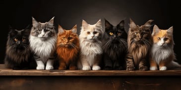 a group of cats sitting on a shelf
