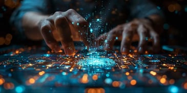 Hands interacting with a glowing holographic interface on a futuristic touchscreen table.