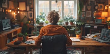 Person sitting at a desk in a home office, facing a large window.