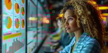 Focused woman with curly hair analyzing charts and graphs on large digital screens.