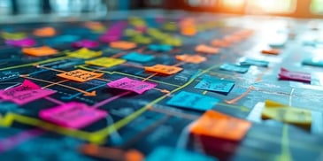 Colorful sticky notes arranged on a board, outlining a complex workflow or project plan.