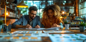 Two colleagues collaborating in a creative workspace.