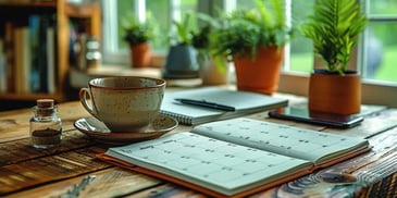 Coffee cup, calendar, and plants on desk.
