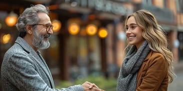Smiling man and woman shaking hands outside.