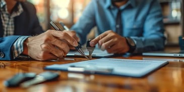 Close-up of two people signing a contract at a wooden table.