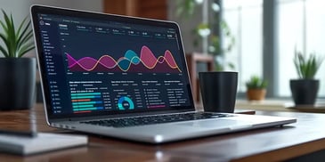 Laptop on a wooden desk displaying analytics graphs, surrounded by potted plants and a black coffee cup.