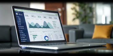 Laptop displaying analytics dashboard on table.
