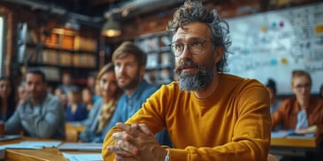Attentive man in yellow sweater at a meeting.