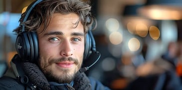 Man with headphones and microphone smiling.