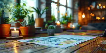 Charts on wooden desk with plants.
