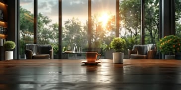 Coffee cup on table in serene office.
