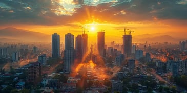 Cityscape at sunrise, with skyscrapers and cranes silhouetted.