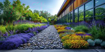 A modern building with large windows, bordered by a beautifully landscaped garden.