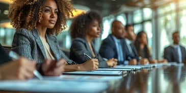 Focused professionals in business attire, sitting at a conference table.