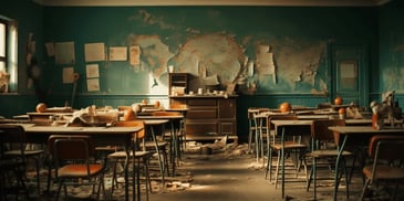 a classroom with desks and broken furniture