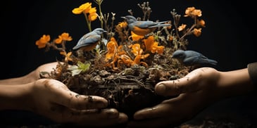 hands holding a small potted plant with birds