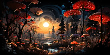 a painting of a forest with mushrooms and a river