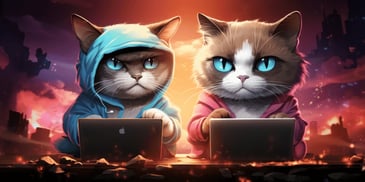 two cats wearing hoodies and using laptops