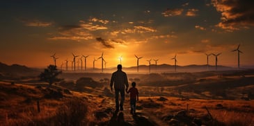 a person and child walking on a dirt road with windmills in the background